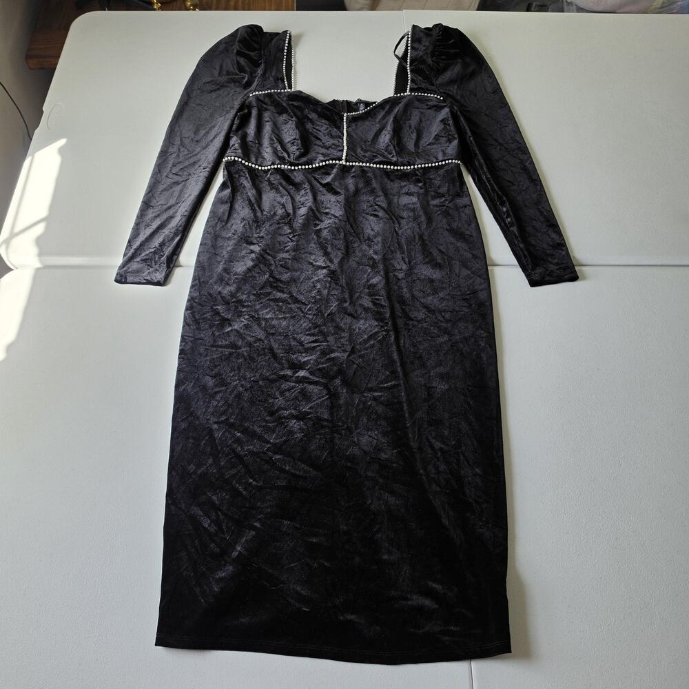 Eloquii Dress Womens 16 Black Velvet Beaded Square Neck Bodycon Midi Whimsigoth